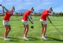 Nelly Korda keeps it simple to hit her driver higher and farther Three-panel sequence of a woman golfer in a red shirt and white shorts practicing a golf swing on a sunny course, showing takeaway, backswing, and follow-through.