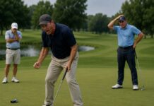 Better lag putting will lead to less stress and lower scores A golfer in a dark shirt puts on the green while two other players watch in the background on a sunny golf course.