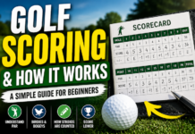 GOLF FOR DUMMIES: Golf Scoring & How it Works Cover image for a beginner's guide to golf scoring, featuring a scorecard, golf ball, and bold title text on a grassy backdrop.