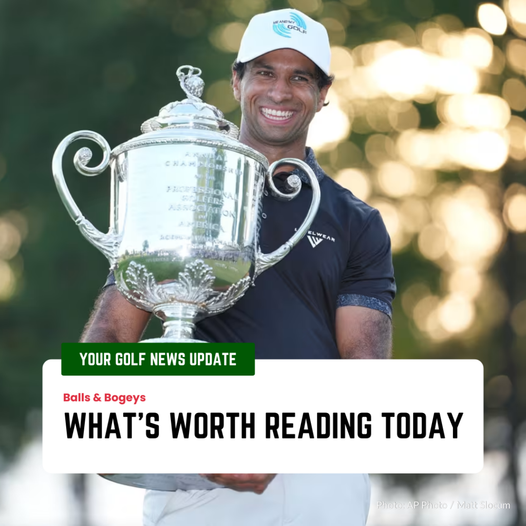 Golfer in a navy polo and white cap smiles while holding a large silver trophy; overlay text reads 'YOUR GOLF NEWS UPDATE', 'Balls & Bogeys', and 'WHAT'S WORTH READING TODAY'