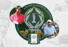 The Memorial Tournament presented by Workday Live Leaderboard Graphic for the Memorial Tournament 50th anniversary showing a central trophy emblem, with two circular photos of golfers on the sides and a '1976–2026' mark in front.