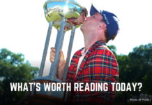 Your Golf News Update – Mon., June 1, Edition Man in a plaid shirt kissing a tall trophy outdoors, with the headline “WHAT’S WORTH READING TODAY?” on the image.