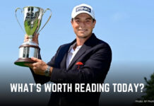 Your Golf News Update – Mon., June 29, Edition Smiling man in a dark blazer holds a large silver trophy outdoors against a blue sky.