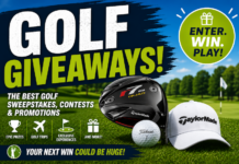 Golf Sweepstakes & Giveaways: Win Clubs, Trips, Golf Balls & More (Updated Daily) Promotional image for a golf giveaways contest featuring a TaylorMade golf club, Titleist ball, and white TaylorMade cap on a green golf course—enter to win.