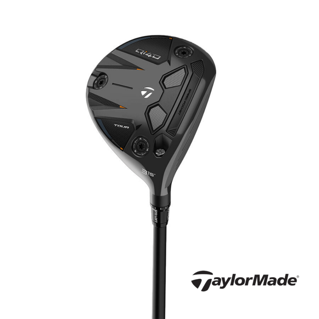 TaylorMade golf driver head in gray and black with orange accents, shown attached to a shaft against a white background, logo visible