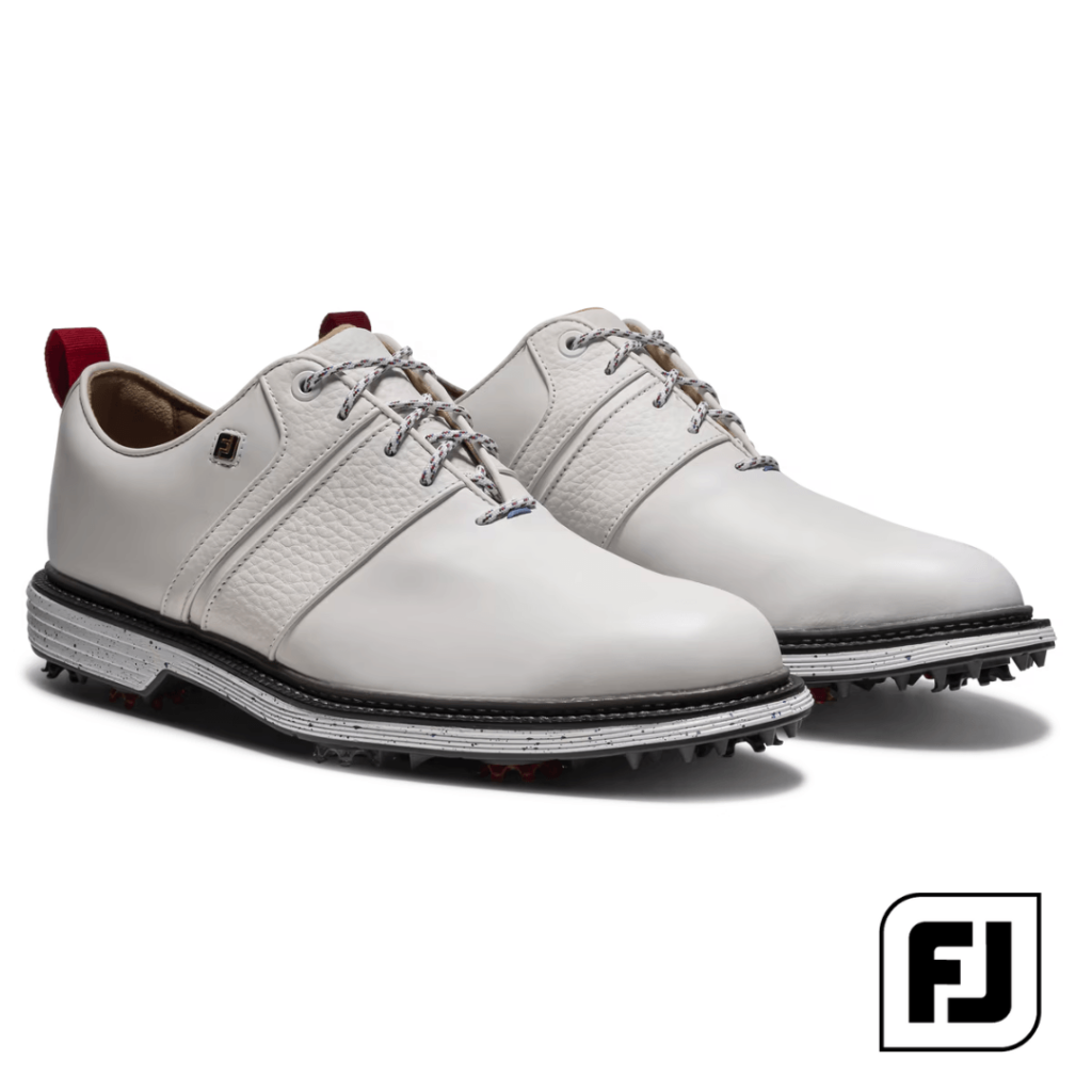 Pair of white leather golf shoes with laces and a red pull tab at the heel, FootJoy logo visible in the corner.