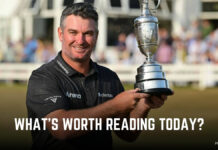 Your Golf News Update – Mon., July 20, Edition Smiling man in a dark polo shirt holds a large silver trophy outdoors, with a bold headline overlay reading 'What’s Worth Reading Today?'.