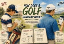 How Does a Golf Handicap Work? One Golfer’s Journey to Finally Understanding It Illustrated split-era graphic showing a junior golfer in 1988 and the same golfer today learning how the golf handicap system works.