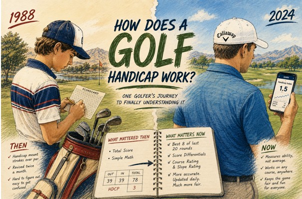 Illustrated split-era graphic showing a junior golfer in 1988 and the same golfer today learning how the golf handicap system works.