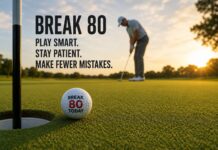 Five Things You Have to Do to Break 80 in Golf Golf ball near the hole on a sunlit green with a distant golfer putting and bold 'BREAK 80' text on the left side of the image.