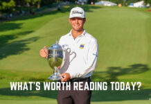 Your Golf News Update – Mon., August 10, Edition Golfer in white shirt and cap on a lush golf course holding a silver trophy; overlay text reads "WHAT’S WORTH READING TODAY?"